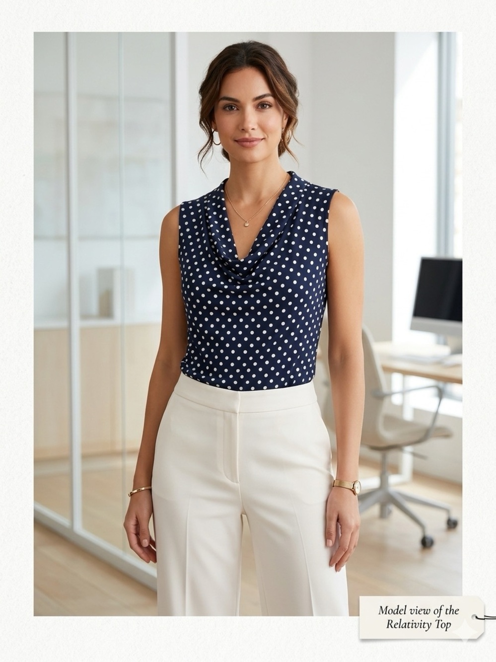 Relativity Navy Polka Dot Sleeveless Blouse Cowl Neck Small Office Minimalist‎